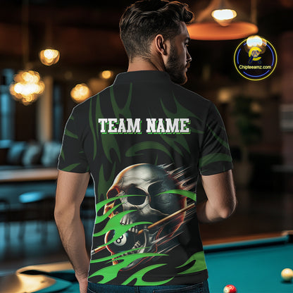 Green Funny Skull 8 Ball Pool Shirt For Men Custom Billiard Team Jersey Polo & 1/4 Zip TDM4425