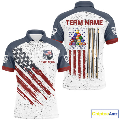 White Grunge American Flag Custom Billiard Shirts For Men, Patriotic Team Player Pool Jerseys TDM2326