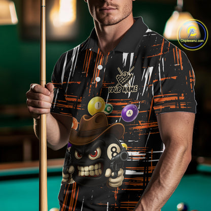 Personalized Orange Grunge Funny 8 Ball Billiard Shirt For Men, Pool Team Jersey Polo & 1/4 Zip TDM5285