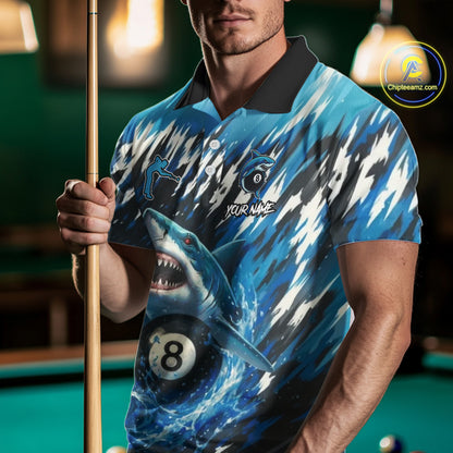 Blue Shark 8 Ball Billiard Shirt For Men Custom Billiard Jersey, Pool Team Shirt Polo & 1/4 Zip TDM5290