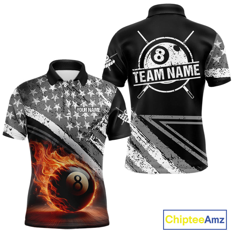 Personalized US Flag 8 Ball Pool Fire Billiard Shirt For Men Custom Grunge Billiard Team Jersey TDM5544