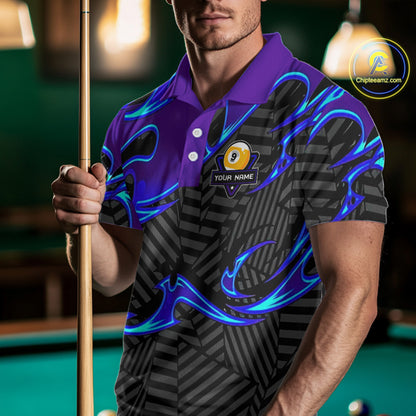 Personalized Blue Purple 9 Ball Pool Billiards Shirts For Men, Billiard Team Jersey Polo &1/4 Zip TDM6403