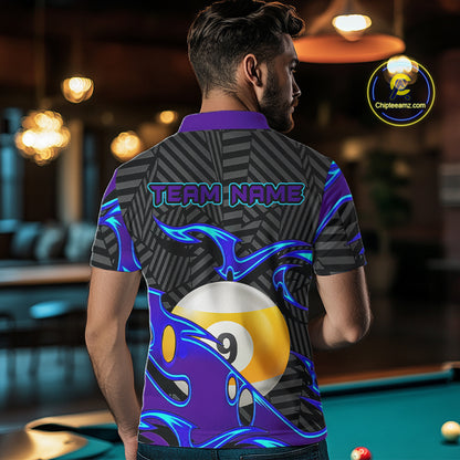 Personalized Blue Purple 9 Ball Pool Billiards Shirts For Men, Billiard Team Jersey Polo &1/4 Zip TDM6403