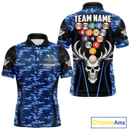 Personalized Blue Camo Skull Billiard Shirt For Men, 8 Ball Billiard Team Jersey Polo & 1/4 Zip TDM6399