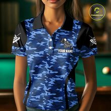 Load image into Gallery viewer, Personalized Blue Camo Skull Billiard Shirt For Women, 8 Ball Billiard Team Jersey Polo &amp; 1/4 Zip TDM6399