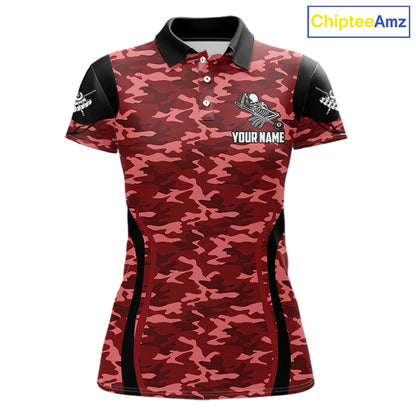 Personalized Red Camo Skull Billiard Shirt For Women, 8 Ball Billiard Team Jersey Polo & 1/4 Zip TDM6400
