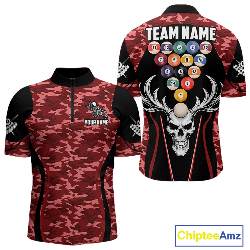 Personalized Red Camo Skull Billiard Shirt For Men, 8 Ball Billiard Team Jersey Polo & 1/4 Zip TDM6400