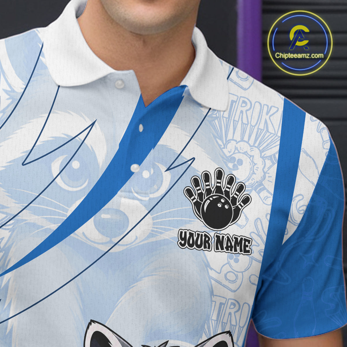 Custom Blue Funny Raccoon Bowling Jersey For Men Custom Bowling Shirts Team Polo & Quarter Zip TDM6593