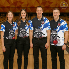 Load image into Gallery viewer, Four people wearing matching bowling shirts with raccoon and bowling ball graphics in a bowling alley.