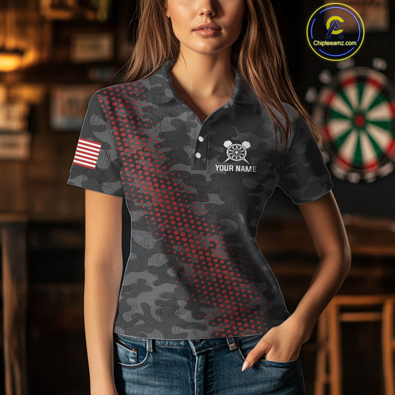 Red And Grey Camo Darts Shirt For Women Custom Camouflage Darts Team Jerseys Polo & Quarter Zip TDM4432