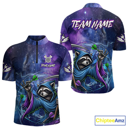Funny Raccoon Wizard Blue Purple Galaxy Quarter Zip Darts Shirt Created for Dart League Teams with Performance Fabric and Eye Catching Tournament Style