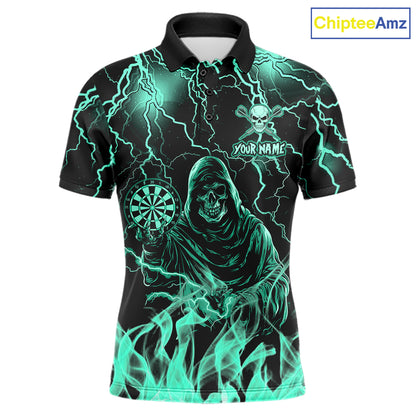 Turquoise Grim Reaper Fire Flame Darts Polo Shirt Featuring Thunder Lightning Artwork for Dart League Players, Team Competition, and Championship Tournament Events