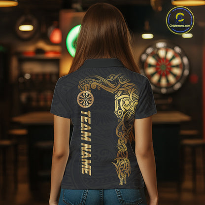 Personalized Gold Black Tribal Darts Shirt For Women Custom Darts Jersey Team Polo & Quarter Zip TDM5557