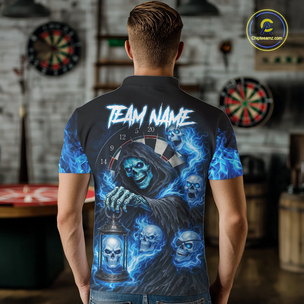 Blue Grim Reaper Flame Darts Shirt For Men Custom Skull Darts League Jersey Team Polo & Quarter Zip TDM5560