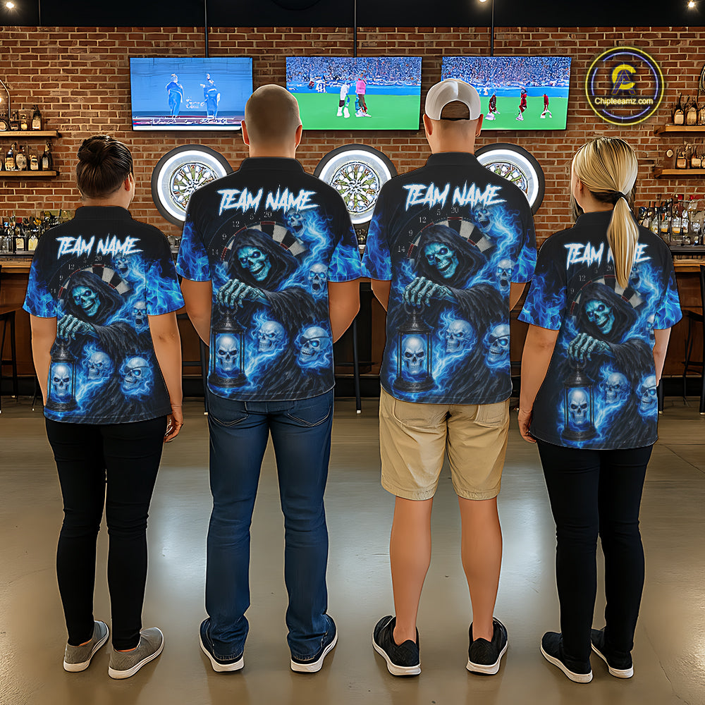 Blue Grim Reaper Flame Darts Shirt For Women Custom Skull Darts League Jersey Team Polo & Quarter Zip TDM5560