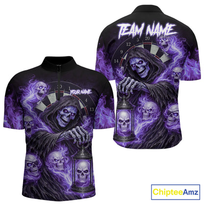 Purple Grim Reaper Flame Darts Shirt For Men Custom Skull Darts League Jersey Team Polo & 1/4 Zip TDM5562