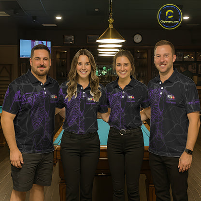 Black And Purple Funny Skeleton Billiard Polo & 1/4 Zip For Women Custom Billiard Pool Team Jersey TDM5798