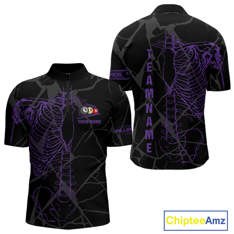 Black And Purple Funny Skeleton Billiard Polo & 1/4 Zip For Men Custom Billiard Pool Team Jersey TDM5798