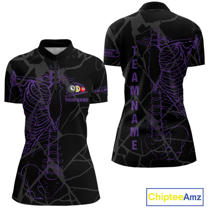 Black And Purple Funny Skeleton Billiard Polo & 1/4 Zip For Women Custom Billiard Pool Team Jersey TDM5798