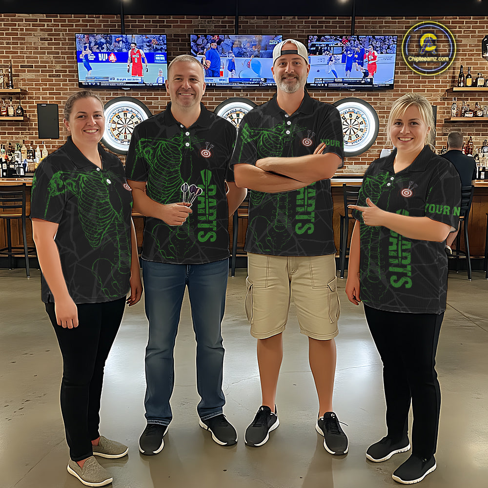 Black And Green Funny Skeleton Darts Polo & 1/4 Zip Custom Darts Shirt For Women Darts Team Jersey TDM5799