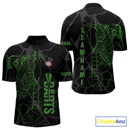 Black And Green Funny Skeleton Darts Polo & 1/4 Zip Custom Darts Shirt For Men Darts Team Jersey TDM5799
