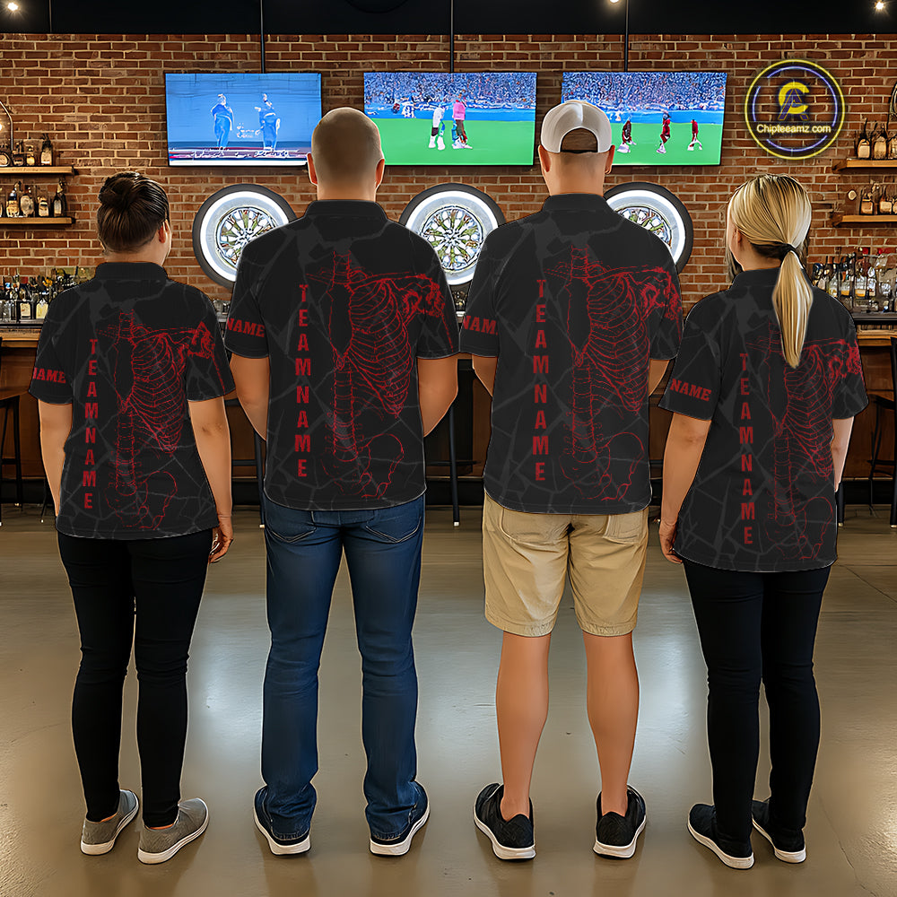Black And Red Funny Skeleton Darts Polo & 1/4 Zip Custom Darts Shirt For Men Darts Team Jersey TDM5800