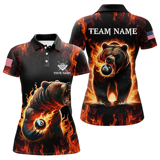 Personalized Funny Bear And 8 Ball Pool Fire Flame Women Billiard Polo Shirts, Billiard Team Jersey TDM1315