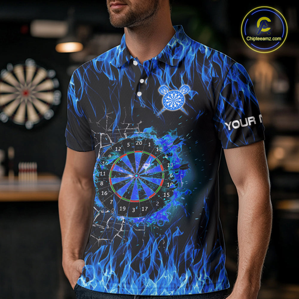Blue Flaming Dart Shirt With Pocket Option For Men Custom Dart Team Jersey TDM3791