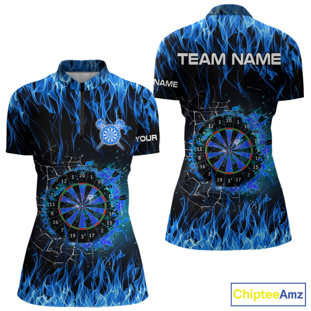 Blue Flaming Dart Shirt With Pocket Option For Women Custom Dart Team Jersey TDM3791