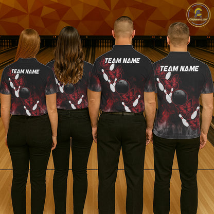 Black And Red Custom Butterfly Bowling Shirt For Men, Bowling Team Jersey Polo & Quarter Zip Shirt TDM6179