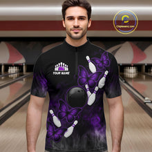 Load image into Gallery viewer, Black And Purple Custom Butterfly Bowling Shirt For Men, Bowling Team Jersey Polo &amp; 1/4 Zip Shirt TDM6180