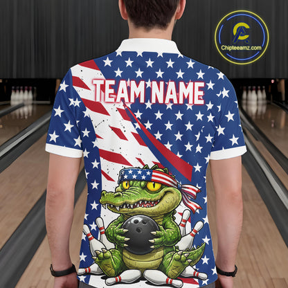 Person wearing a bowling shirt with American flag design and cartoon character on a bowling alley.