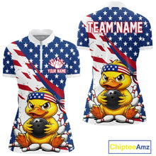 Load image into Gallery viewer, A quarter zip shirts with a duck holding a bowling ball design, one with an American flag pattern and customized name text