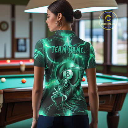 Turquoise Grim Reaper 8 Ball Women's Billiard Shirt Custom Thunder Lightning Pool Team Jersey TDM4872