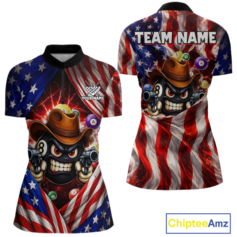 Glowing American Flag Funny 8 Ball Billiard Shirt For Women Custom Patriotic Pool Team Jersey TDM5570