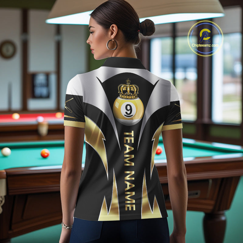 Personalized Crown 9 Ball Billiard Shirt For Women Custom Billiard Tournament Pool Team Jersey |Gold TDM5572