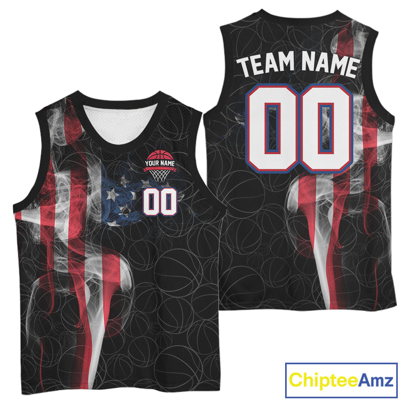American Flag Smoke Basketball Shirt Custom Name & Number Patriotic Basketball Team Jersey TDM5801
