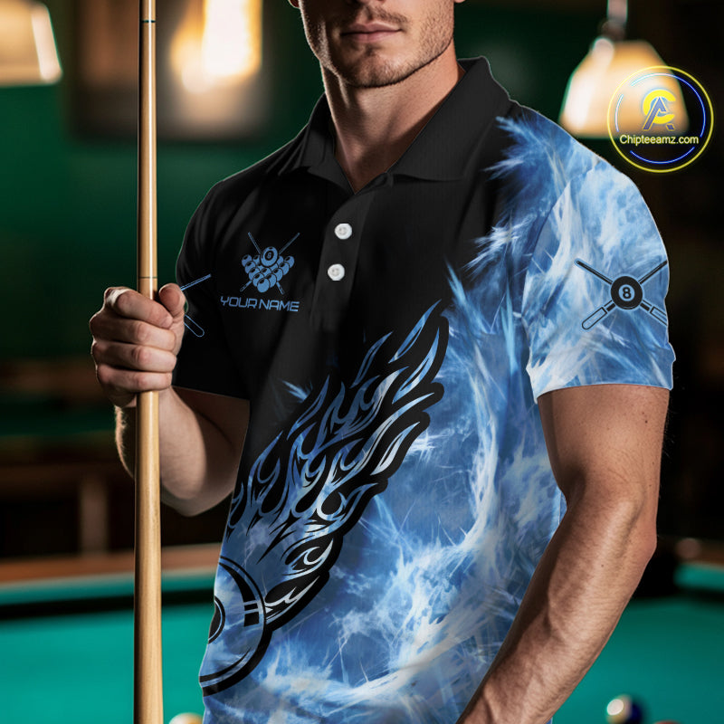 Black And Blue Flaming Icy 8 Ball Pool Billiard Shirt For Men Custom Billiard Team Jersey TDM5808