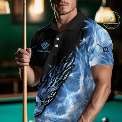 Black And Blue Flaming Icy 8 Ball Pool Billiard Shirt For Men Custom Billiard Team Jersey TDM5808