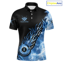 Load image into Gallery viewer, Black And Blue Flaming Icy 8 Ball Pool Billiard Shirt For Men Custom Billiard Team Jersey TDM5808