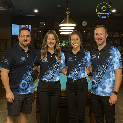 Black And Blue Flaming Icy 8 Ball Pool Billiard Shirt For Women Custom Billiard Team Jersey TDM5808