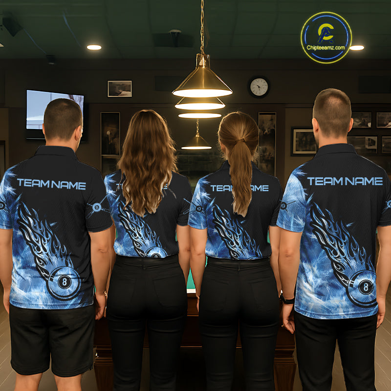 Black And Blue Flaming Icy 8 Ball Pool Billiard Shirt For Women Custom Billiard Team Jersey TDM5808