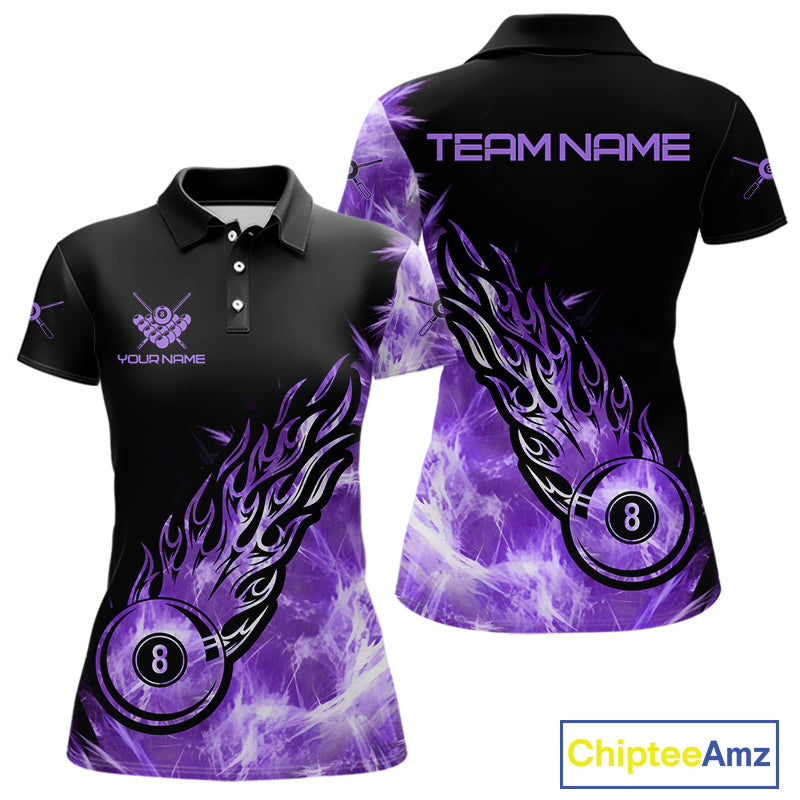 Black And Purple Flaming Icy 8 Ball Pool Billiard Shirt For Women Custom Billiard Team Jersey TDM5809