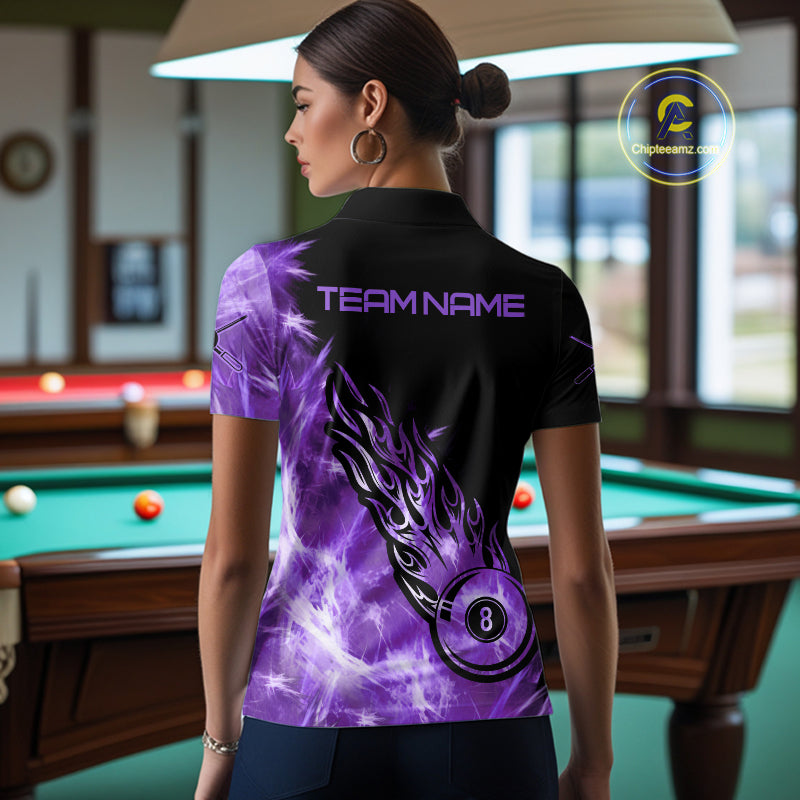 Black And Purple Flaming Icy 8 Ball Pool Billiard Shirt For Women Custom Billiard Team Jersey TDM5809