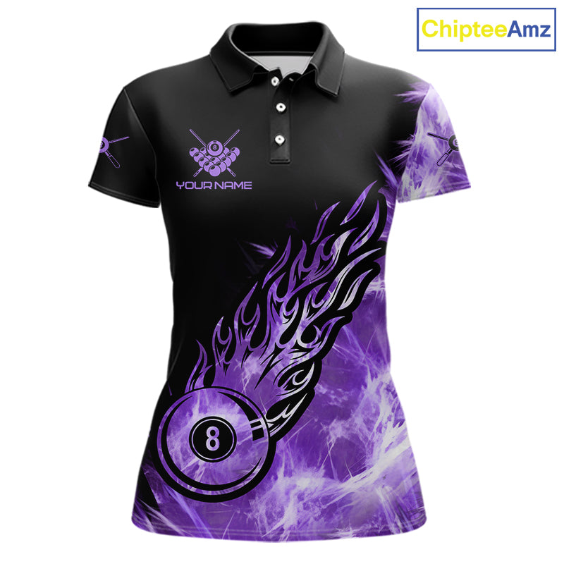 Black And Purple Flaming Icy 8 Ball Pool Billiard Shirt For Women Custom Billiard Team Jersey TDM5809