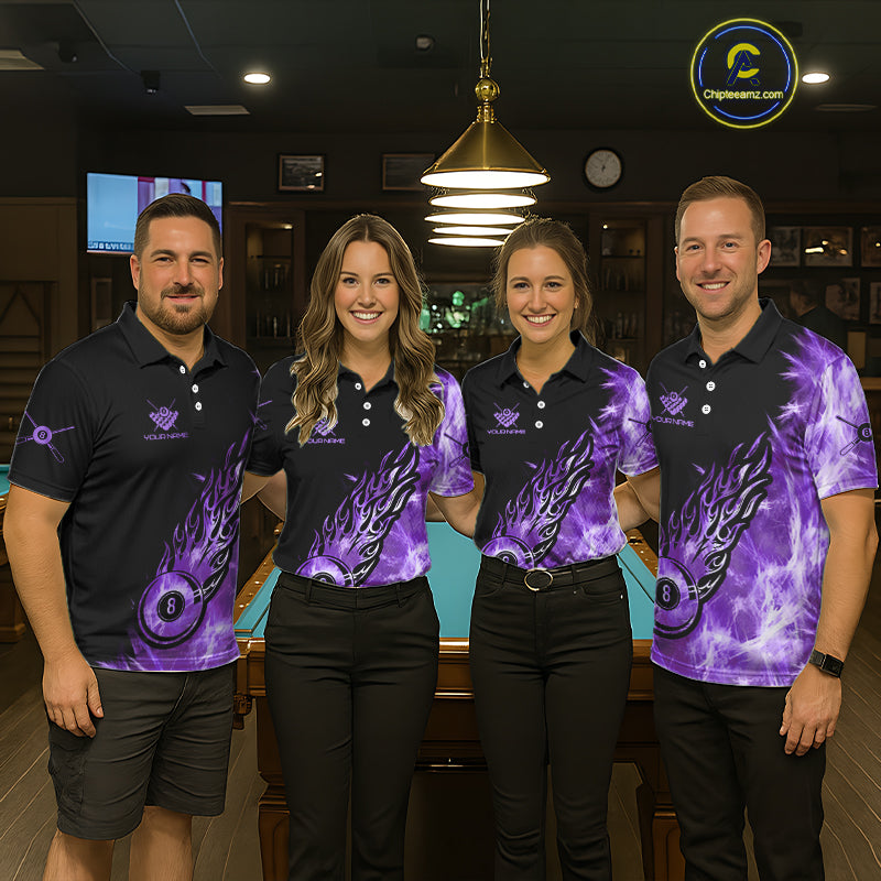 Black And Purple Flaming Icy 8 Ball Pool Billiard Shirt For Women Custom Billiard Team Jersey TDM5809