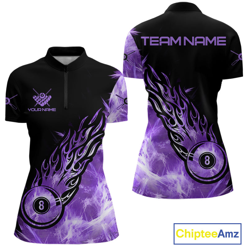 Black And Purple Flaming Icy 8 Ball Pool Billiard Shirt For Women Custom Billiard Team Jersey TDM5809