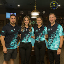 Load image into Gallery viewer, Black And Turquoise Flaming Icy 8 Ball Pool Billiard Shirt For Women Custom Billiard Team Jersey TDM5810