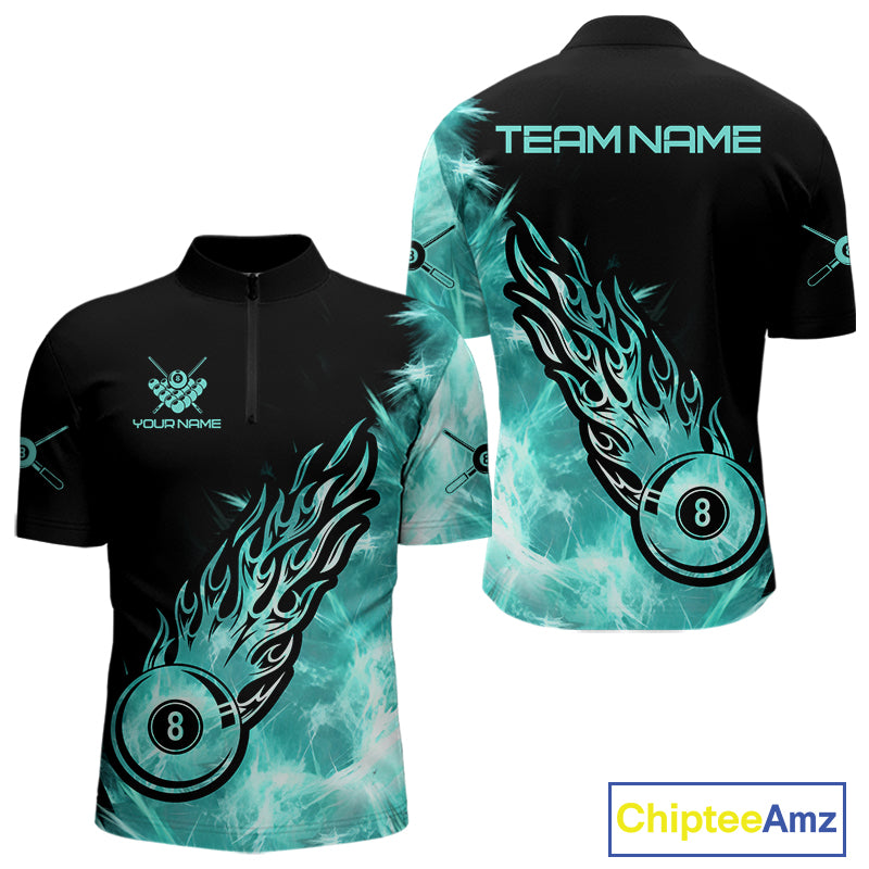 Black And Turquoise Flaming Icy 8 Ball Pool Billiard Shirt For Men Custom Billiard Team Jersey TDM5810