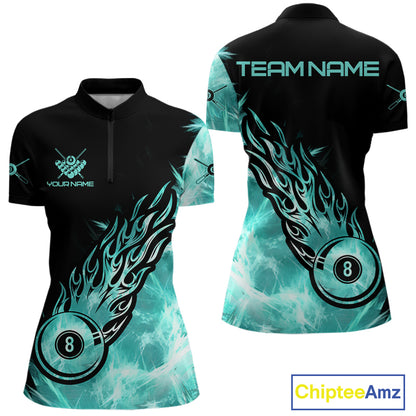 Black And Turquoise Flaming Icy 8 Ball Pool Billiard Shirt For Women Custom Billiard Team Jersey TDM5810